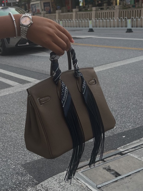Handbags - Elegant Taupe/ olive green Women’s Satchel with removable fringe ribbon.